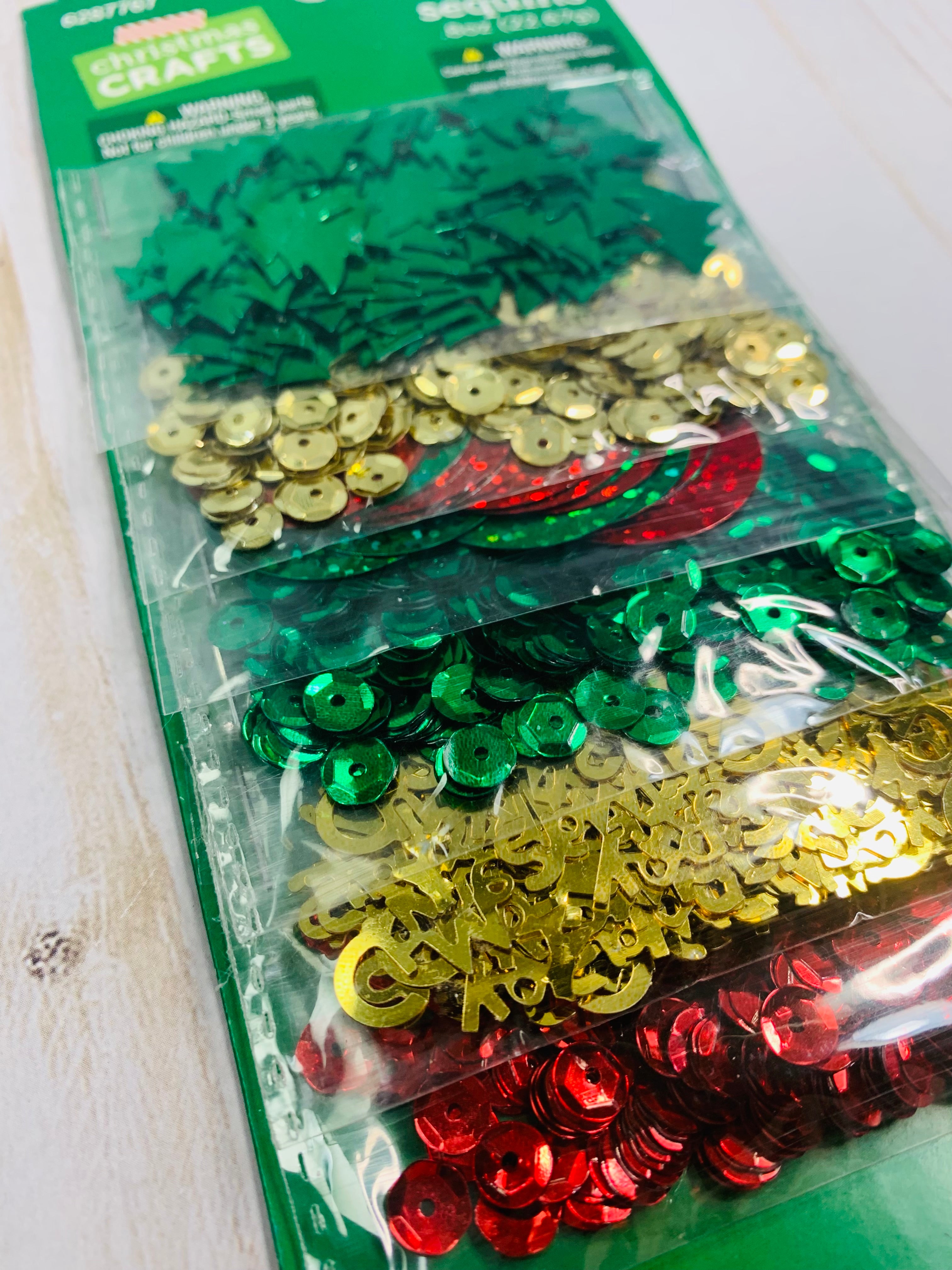 Christmas sequins, red, green, and gold